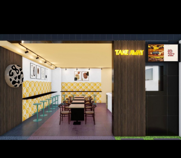Fast Food Restaurant, 2022 A Retro, Minimalist, and modern feel. The aim is to have a clean and organized, foreign travelers, etc. The interior explains a lot the brand name, the colours go together and makes it a match