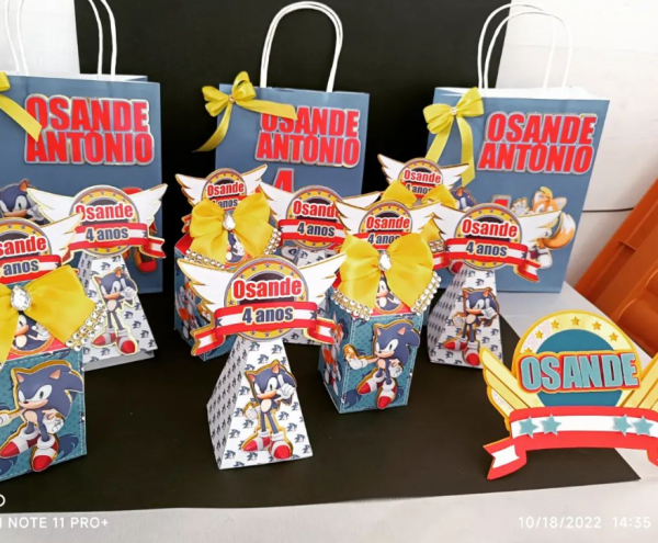 O mais rápido, o ouriço azul, Sonic Toppers, sacolas e caixinhas personalizadas