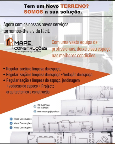 SERVIÇOS DE IMOBILIARIA A *MAPEConstruções* como forma de facilitar a sua vida, viemos com um novo serviço. Regularizando e Limpando o seu terreno com uma vasta equipa de profissionais,