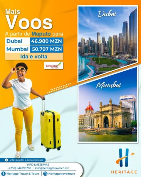 Voos de ida e volta a partir de Maputo 🔹 *Dubai* por apenas: 46.980 MZN 🔹 *Mumbai* por apenas: 50.797 MZN Não perca a oportunidade de explorar essas incríveis cidades!