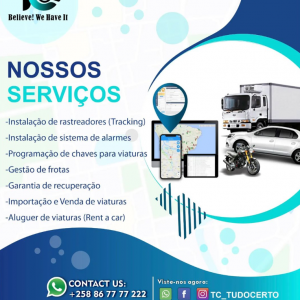 Nossos serviços: ▪︎Instalação de rastreadores (Tracking); ▪︎Instalação de sistema de alarmes; ▪︎Programação de chaves para viaturas; ▪︎Gestão de frotas; ▪︎Garantia de recuperção; ▪︎Importação e venda de viaturas; ▪︎Aluguer de viaturas (Rent a Car).