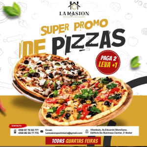 Aproveite nossa irresistível promoção de Pizza: pague 2 e leve + 1! Uma delícia triplicada para saborear. Não perca, peça a sua agora!