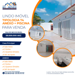 A VENDA ESTE LINDO IMÓVEL  VIVENDA V4 + ANEXO + PISCINA  CASA PRINCIPAL: - Sala Vasta; - 4 Quartos (2 suítes);
