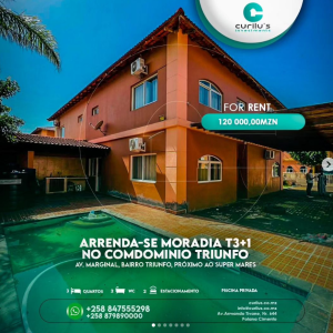 Moradia T3 para arrendamento no Condomínio Triunfo* - 3 quartos suítes - 2 wcs geral - 1 cozinha moderna - 1 Sala espaçoso